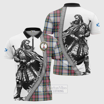 Dennistoun Tartan Clan Crest Zipper Polo Shirt with Highlander Warrior Celtic Style Unisex - Tartan Vibes Clothing