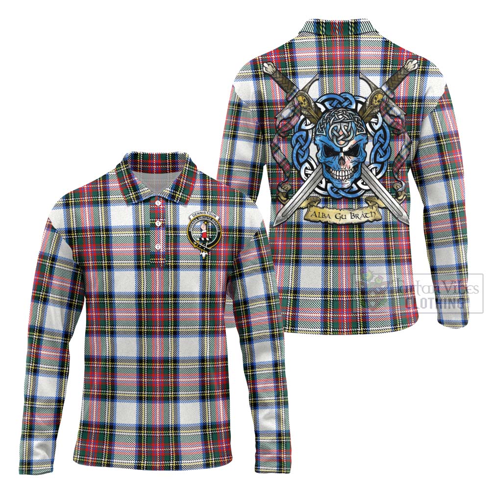 Dennistoun Tartan Long Sleeve Polo Shirt with Family Crest Celtic Skull Style Unisex - Tartan Vibes Clothing