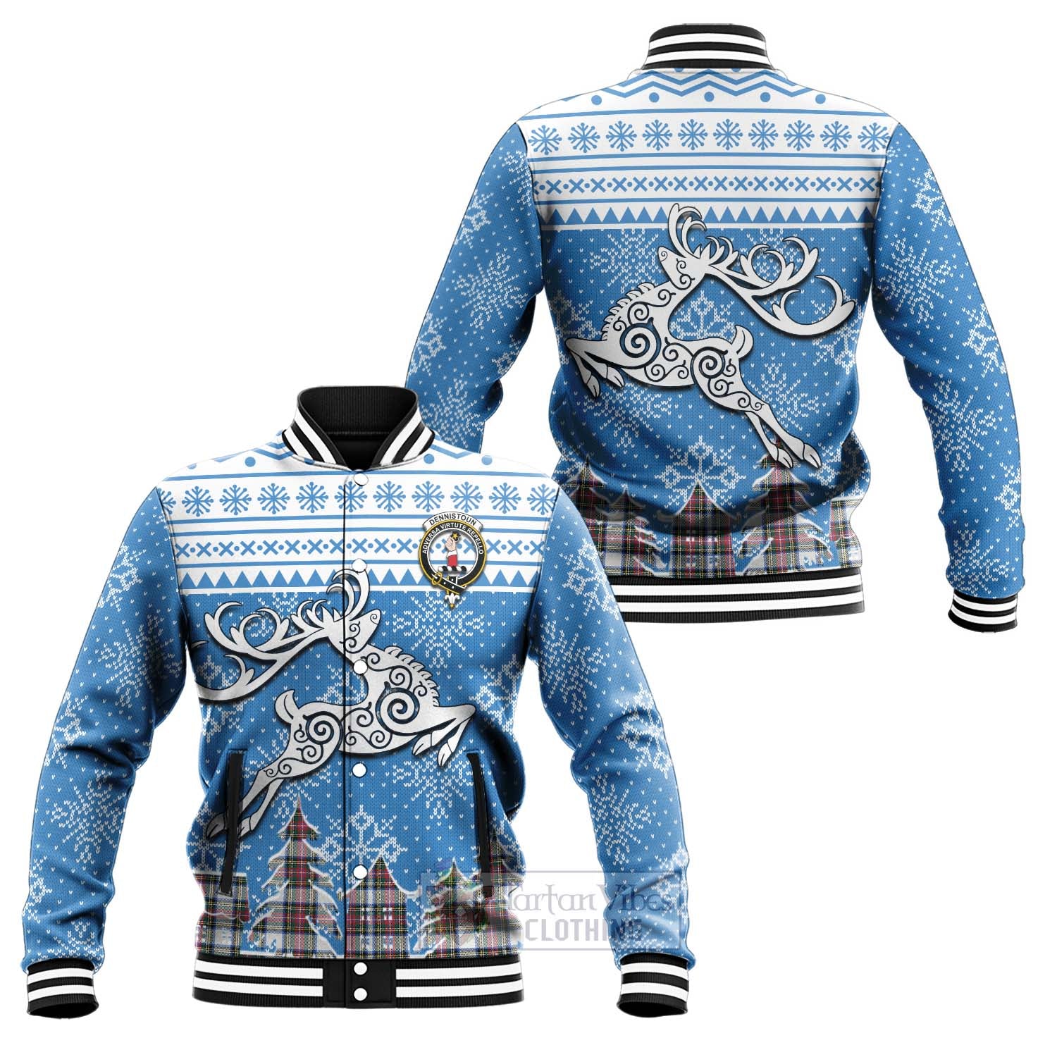 Dennistoun Clan Christmas Baseball Jacket Celtic Reindeer Style Unisex - Tartan Vibes Clothing