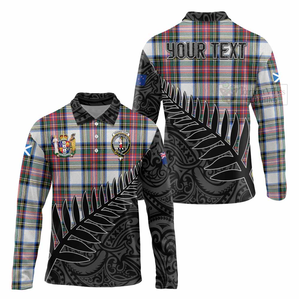 Tartan Vibes Clothing Dennistoun Crest Tartan Long Sleeve Polo Shirt with New Zealand Silver Fern Half Style