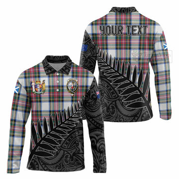 Tartan Vibes Clothing Dennistoun Crest Tartan Long Sleeve Polo Shirt with New Zealand Silver Fern Half Style