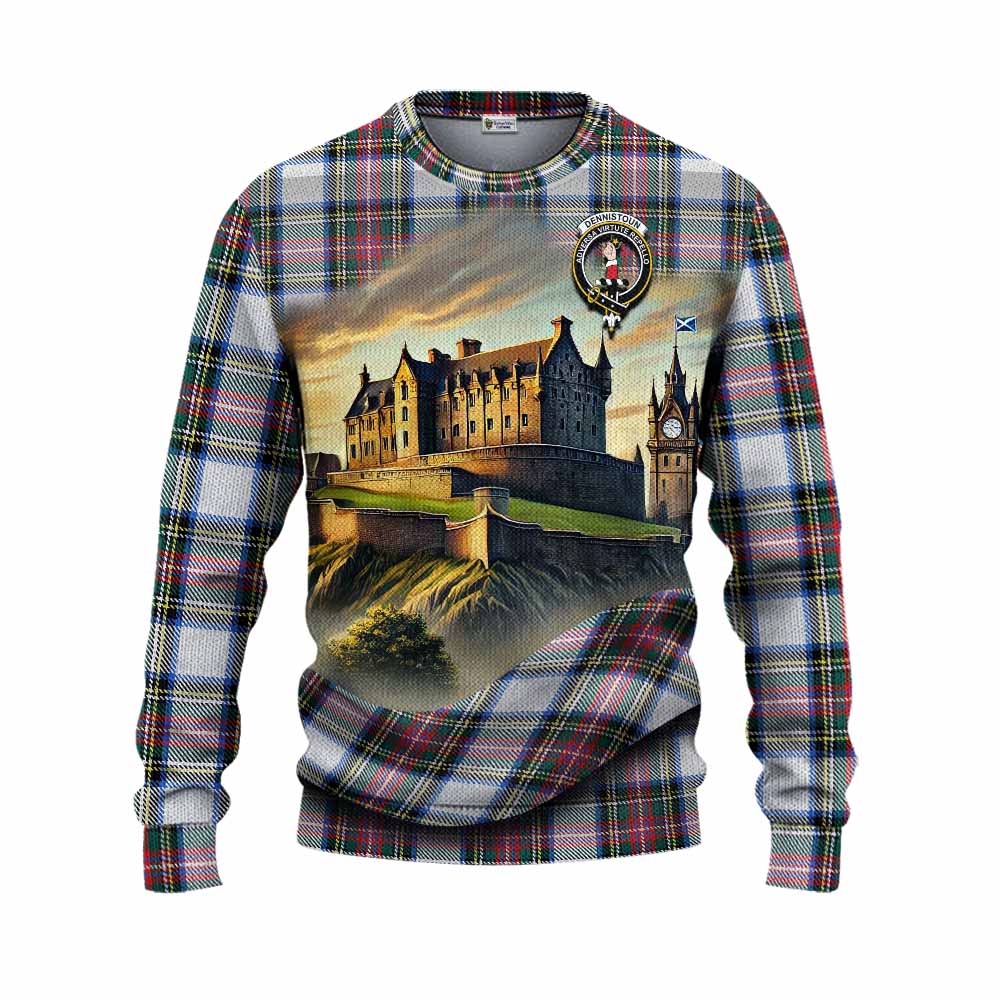 Dennistoun Tartan Family Crest Knitted Sweater with Scottish Ancient Castle Style Unisex - Tartan Vibes Clothing