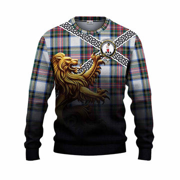 Dennistoun Crest Tartan Knitted Sweater with Golden Lion Emblem Celtic Style Unisex - Tartan Vibes Clothing