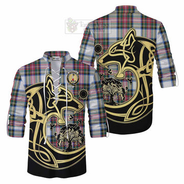 Dennistoun Tartan Ghillie Kilt Shirt with Family Crest Celtic Wolf Style Men - Tartan Vibes Clothing