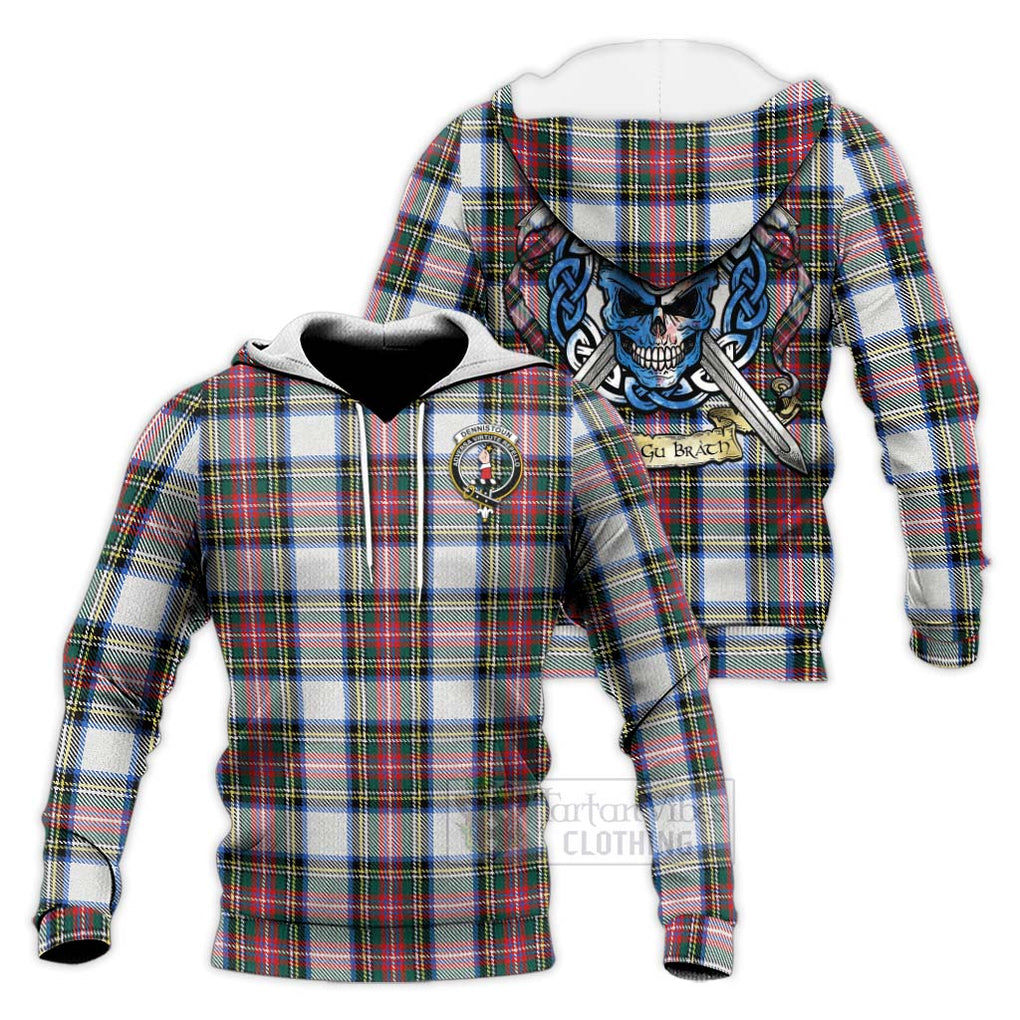 Dennistoun Tartan Knitted Hoodie with Family Crest Celtic Skull Style Unisex Knitted Pullover Hoodie - Tartan Vibes Clothing