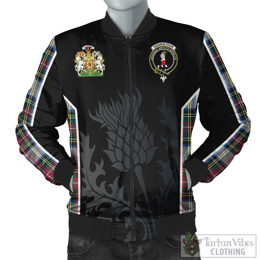 Tartan Vibes Clothing Dennistoun Tartan Bomber Jacket with Family Crest and Scottish Thistle Vibes Sport Style