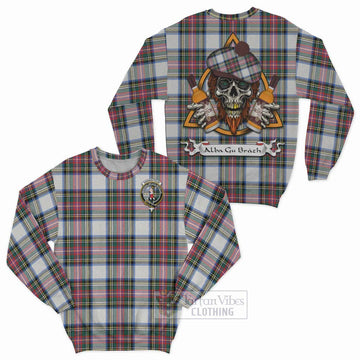 Dennistoun Tartan Sweatshirt with Family Crest and Bearded Skull Holding Bottles of Whiskey Unisex - Tartan Vibes Clothing