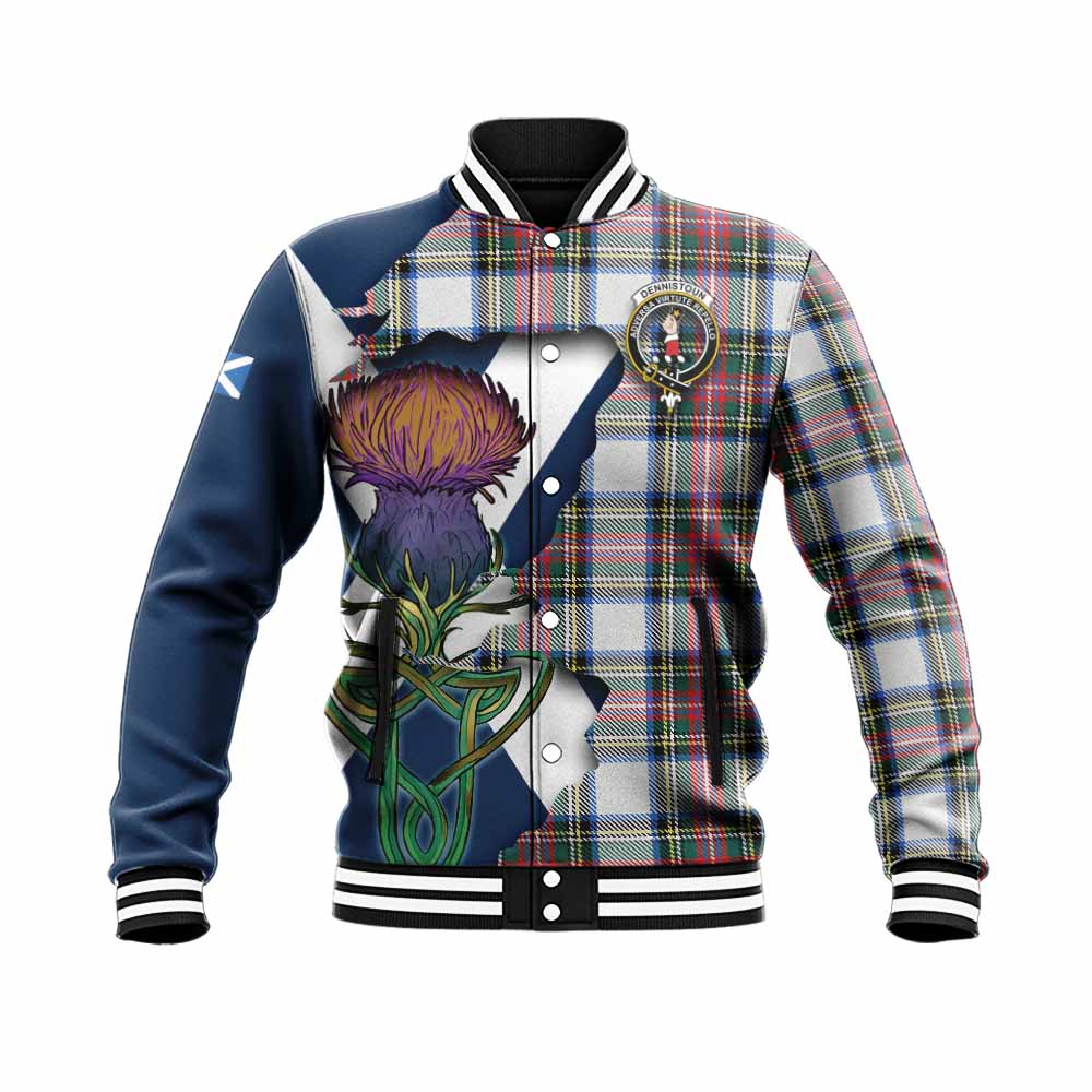 Dennistoun Tartan Family Crest Baseball Jacket Scottish Thistle Celtic Inspired Unisex - Tartan Vibes Clothing