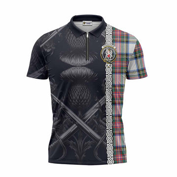 Dennistoun Tartan Zipper Polo Shirt with Family Crest Cross Sword Thistle Celtic Vibes Unisex - Tartan Vibes Clothing