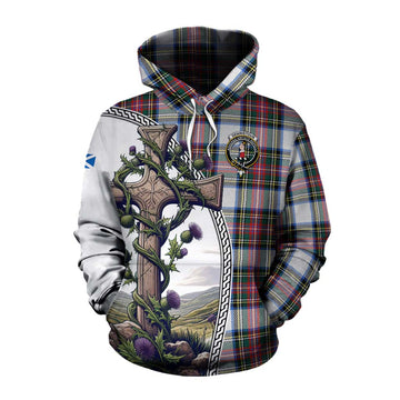 Dennistoun Tartan Cotton Hoodie with Family Crest and St. Andrew's Cross Accented by Thistle Vines