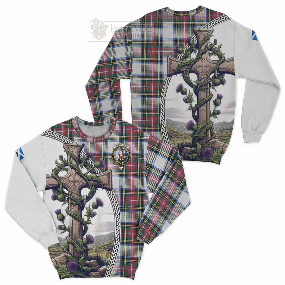 Dennistoun Tartan Sweatshirt with Family Crest and St. Andrew's Cross Accented by Thistle Vines Unisex - Tartan Vibes Clothing