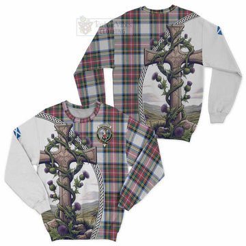 Dennistoun Tartan Sweatshirt with Family Crest and St. Andrew's Cross Accented by Thistle Vines