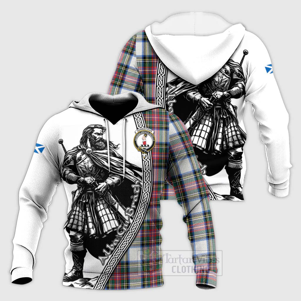 Dennistoun Tartan Clan Crest Knitted Hoodie with Highlander Warrior Celtic Style Unisex Knitted Pullover Hoodie - Tartan Vibes Clothing