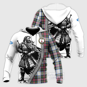 Dennistoun Tartan Clan Crest Knitted Hoodie with Highlander Warrior Celtic Style Unisex Knitted Pullover Hoodie - Tartan Vibes Clothing
