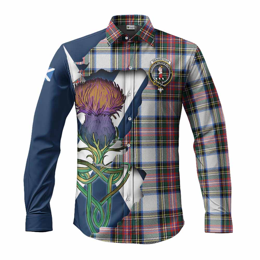 Tartan Vibes Clothing Dennistoun Tartan Family Crest Long Sleeve Button Shirt Scottish Thistle Celtic Inspired