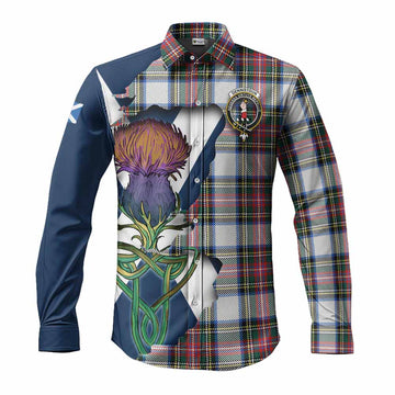 Tartan Vibes Clothing Dennistoun Tartan Family Crest Long Sleeve Button Shirt Scottish Thistle Celtic Inspired