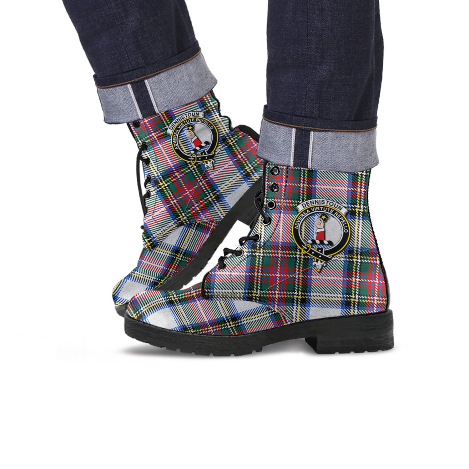 Dennistoun Tartan Leather Boots with Family Crest Men' Boots - Tartan Vibes Clothing