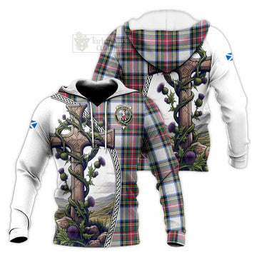 Dennistoun Tartan Knitted Hoodie with Family Crest and St. Andrew's Cross Accented by Thistle Vines