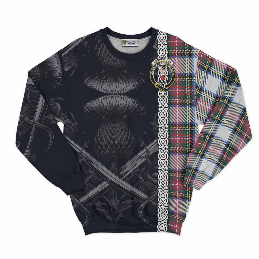 Dennistoun Tartan Sweatshirt with Family Crest Cross Sword Thistle Celtic Vibes Unisex - Tartan Vibes Clothing