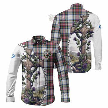 Dennistoun Tartan Long Sleeve Button Shirt with Family Crest and St. Andrew's Cross Accented by Thistle Vines Men's Shirt S - Tartan Vibes Clothing
