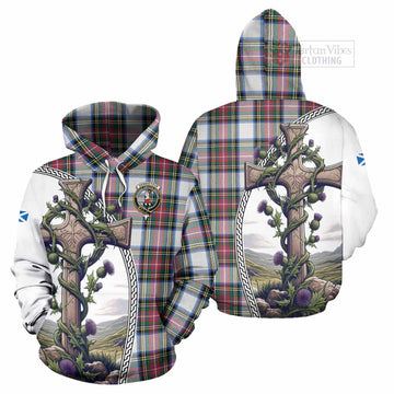Dennistoun Tartan Hoodie with Family Crest and St. Andrew's Cross Accented by Thistle Vines Zip Hoodie - Tartan Vibes Clothing