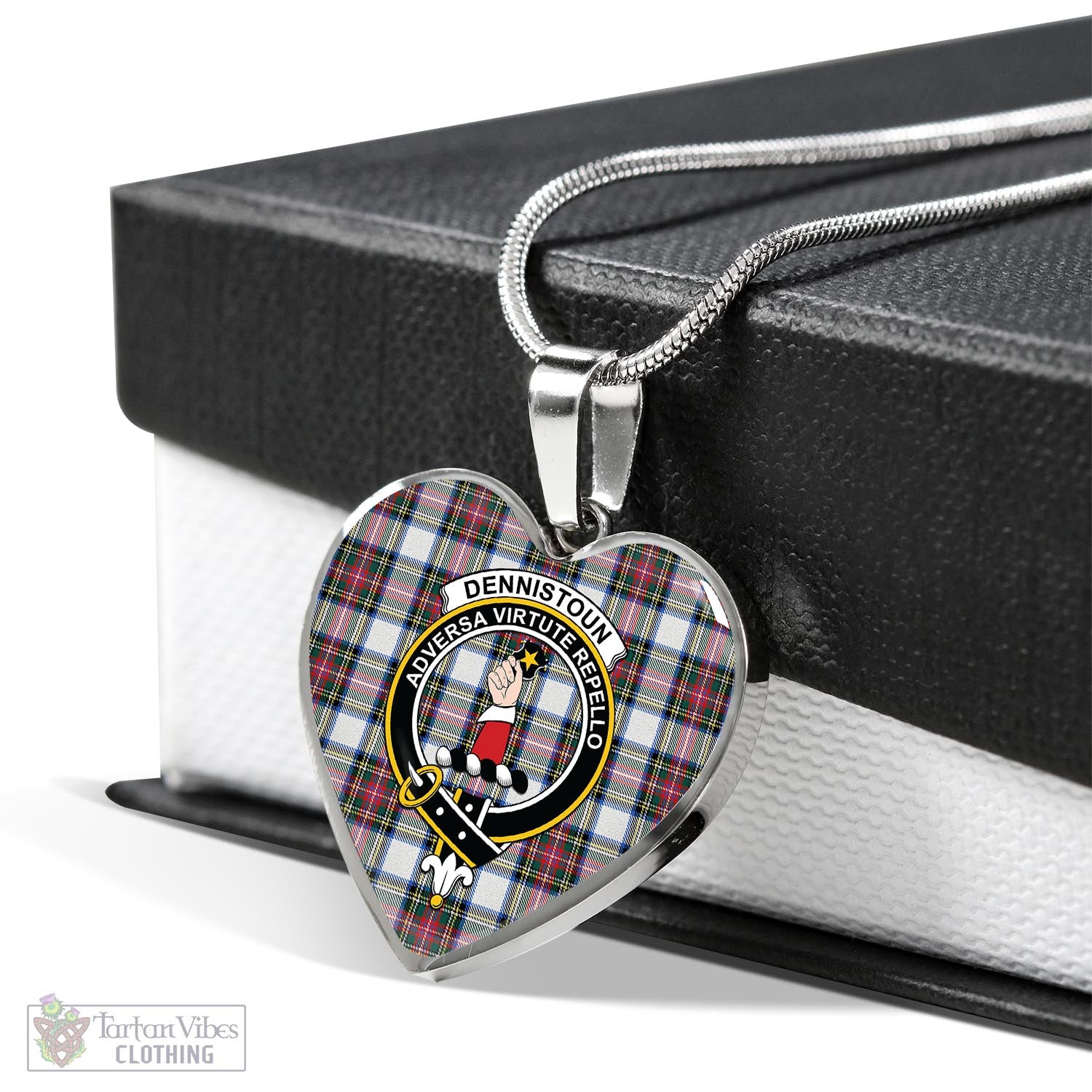 Dennistoun Tartan Heart Necklace with Family Crest Luxury Necklace (Silver) No - Tartan Vibes Clothing