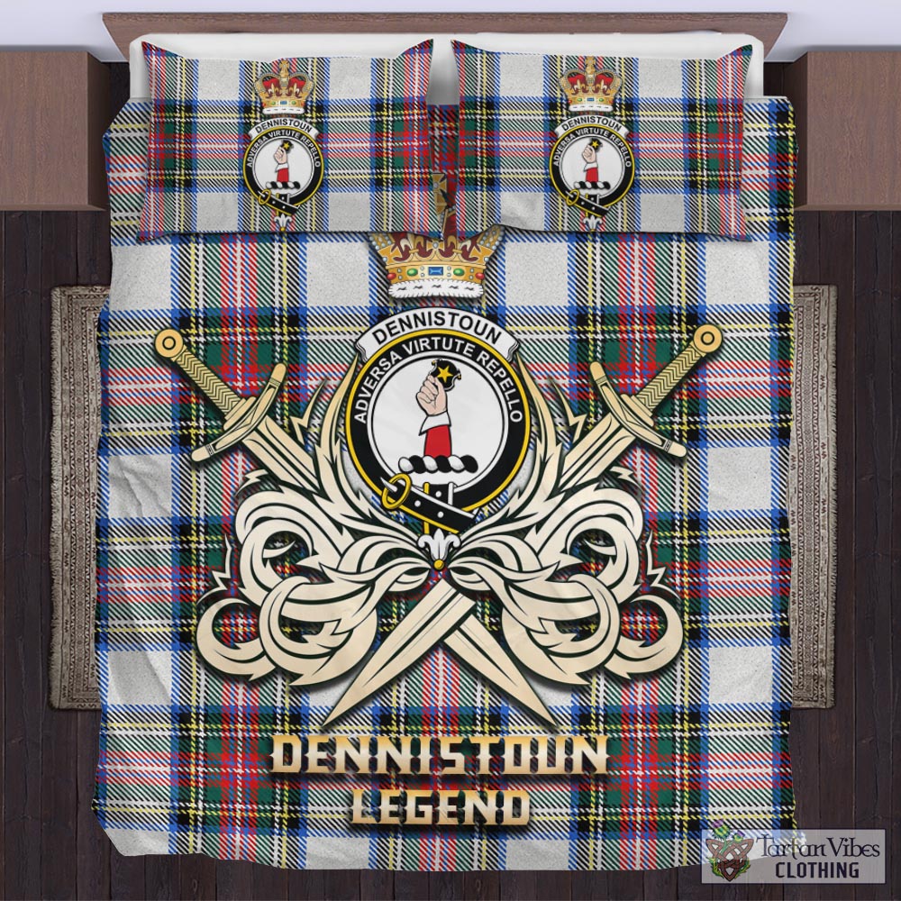 Tartan Vibes Clothing Dennistoun Tartan Bedding Set with Clan Crest and the Golden Sword of Courageous Legacy