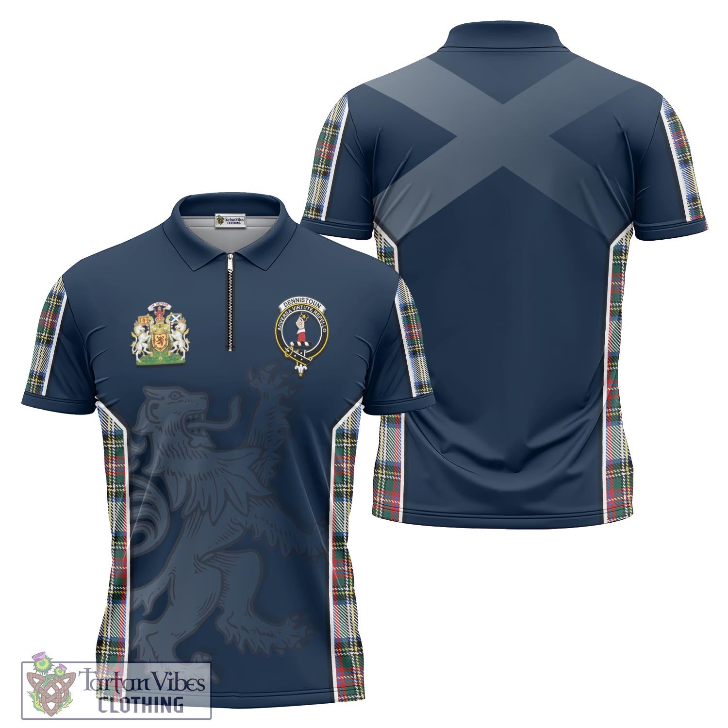 Tartan Vibes Clothing Dennistoun Tartan Zipper Polo Shirt with Family Crest and Lion Rampant Vibes Sport Style