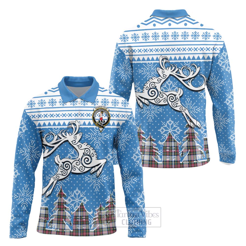 Dennistoun Clan Christmas Long Sleeve Polo Shirt Celtic Reindeer Style Unisex - Tartan Vibes Clothing