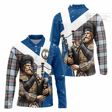Dennistoun Tartan Long Sleeve Polo Shirt with Family Crest Scottish Bagpiper Vibes Unisex - Tartan Vibes Clothing