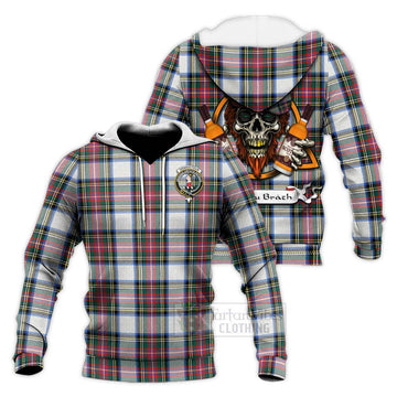 Dennistoun Tartan Knitted Hoodie with Family Crest and Bearded Skull Holding Bottles of Whiskey Unisex Knitted Pullover Hoodie - Tartan Vibes Clothing