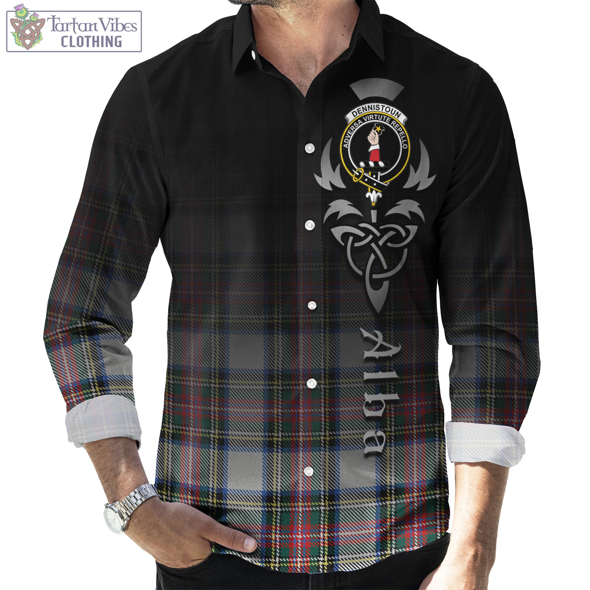 Dennistoun Tartan Long Sleeve Button Up Featuring Alba Gu Brath Family Crest Celtic Inspired Men's Shirt - Tartan Vibes Clothing