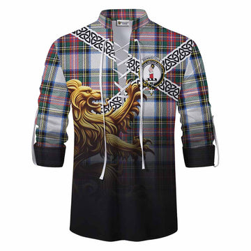 Dennistoun Crest Tartan Ghillie Kilt Shirt with Golden Lion Emblem Celtic Style Men - Tartan Vibes Clothing