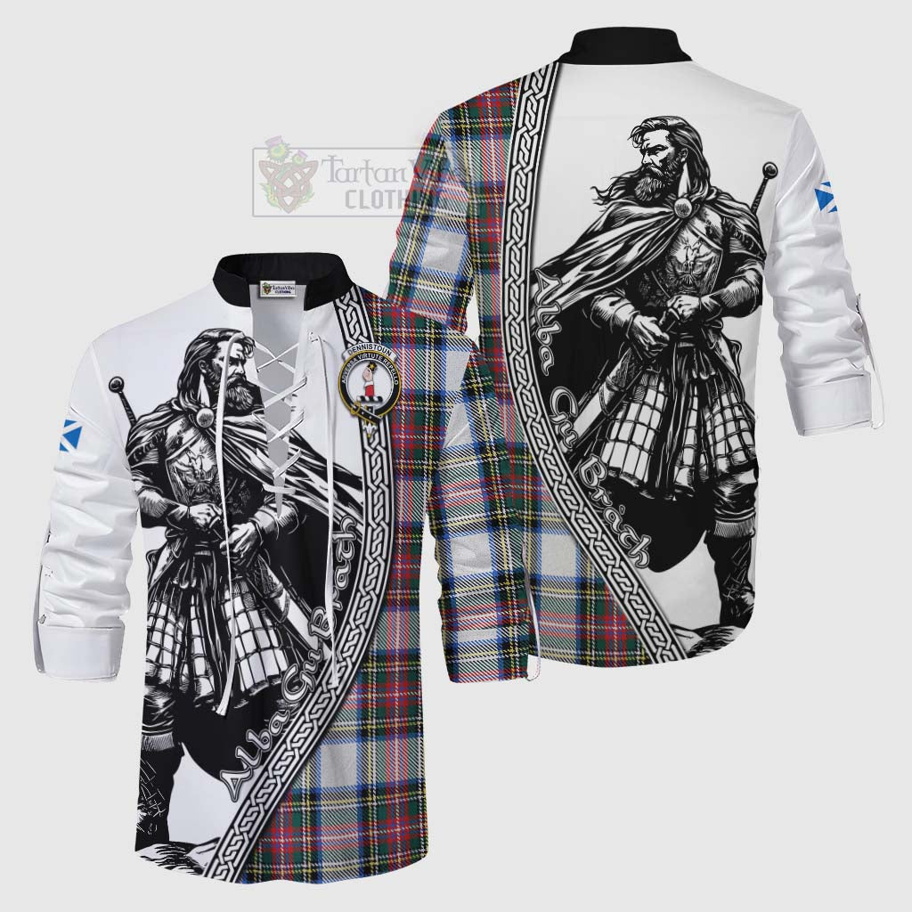 Dennistoun Tartan Clan Crest Ghillie Kilt Shirt with Highlander Warrior Celtic Style Men - Tartan Vibes Clothing