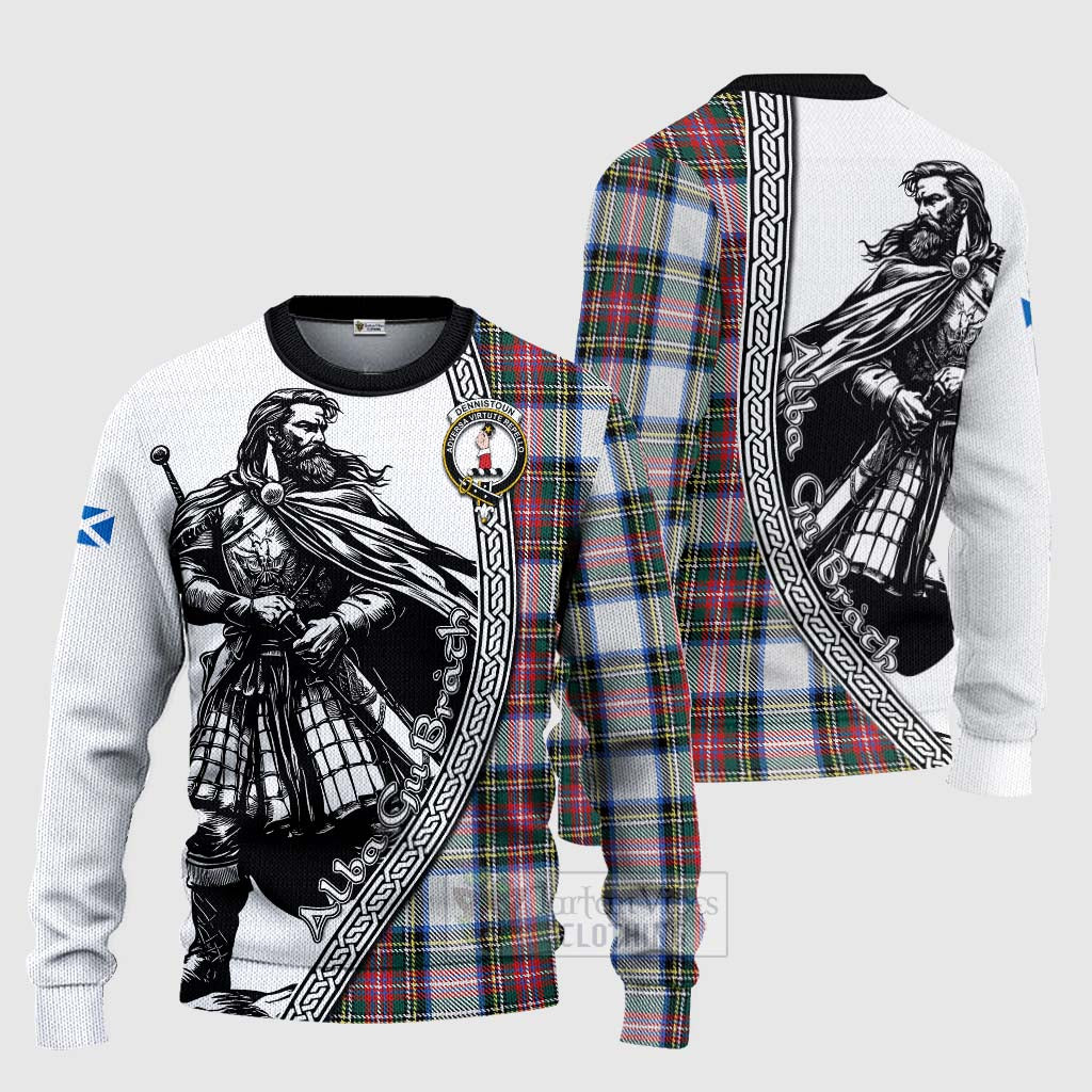 Dennistoun Tartan Clan Crest Knitted Sweater with Highlander Warrior Celtic Style Unisex - Tartan Vibes Clothing
