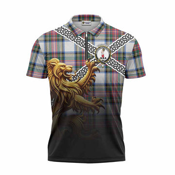 Dennistoun Crest Tartan Zipper Polo Shirt with Golden Lion Emblem Celtic Style Unisex - Tartan Vibes Clothing