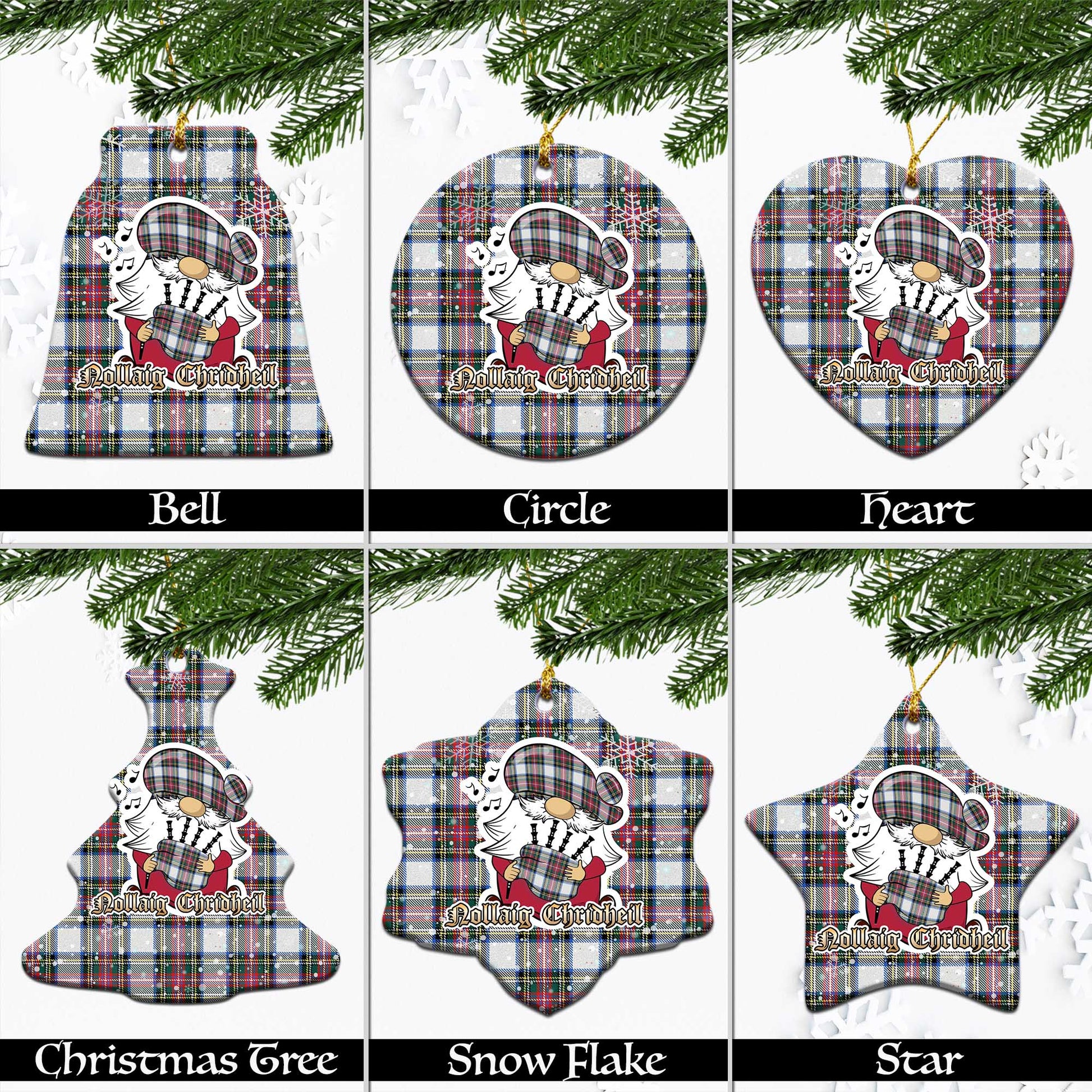 Dennistoun Tartan Christmas Ceramic Ornaments with Scottish Gnome Playing Bagpipes Ceramic - Tartan Vibes Clothing