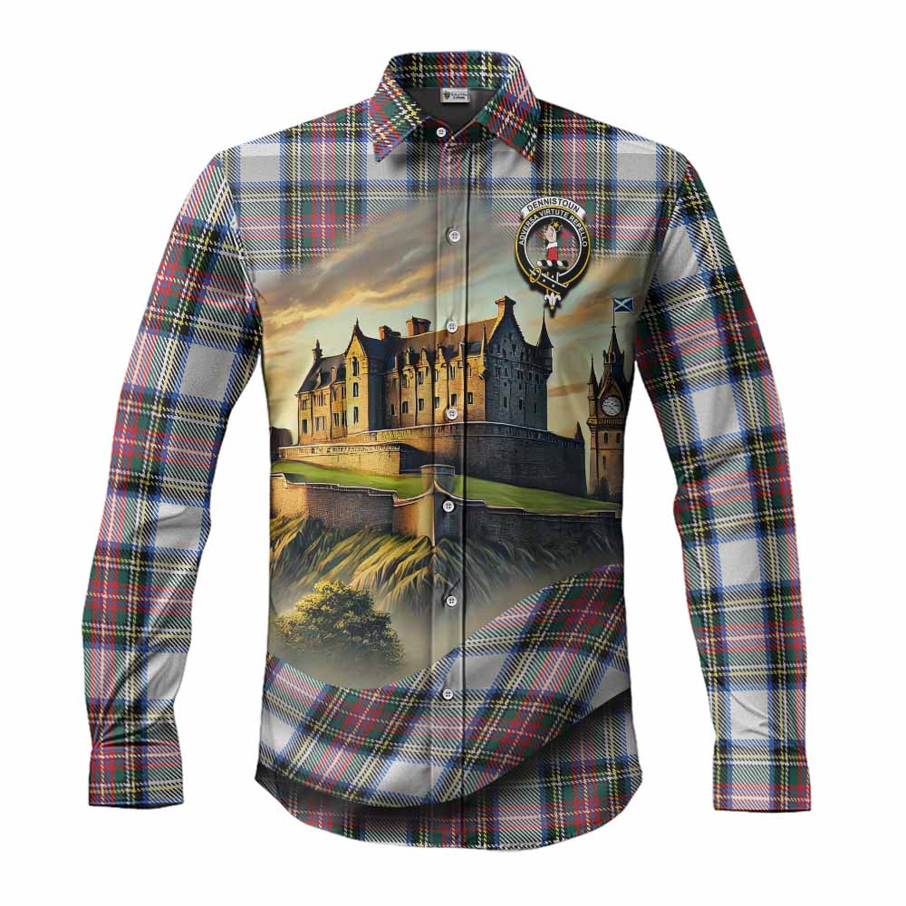 Tartan Vibes Clothing Dennistoun Tartan Family Crest Long Sleeve Button Shirt with Scottish Ancient Castle Style