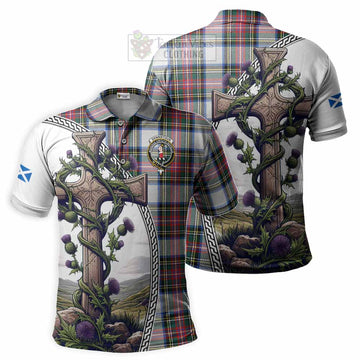 Dennistoun Tartan Polo Shirt with Family Crest and St. Andrew's Cross Accented by Thistle Vines Kid - Tartan Vibes Clothing