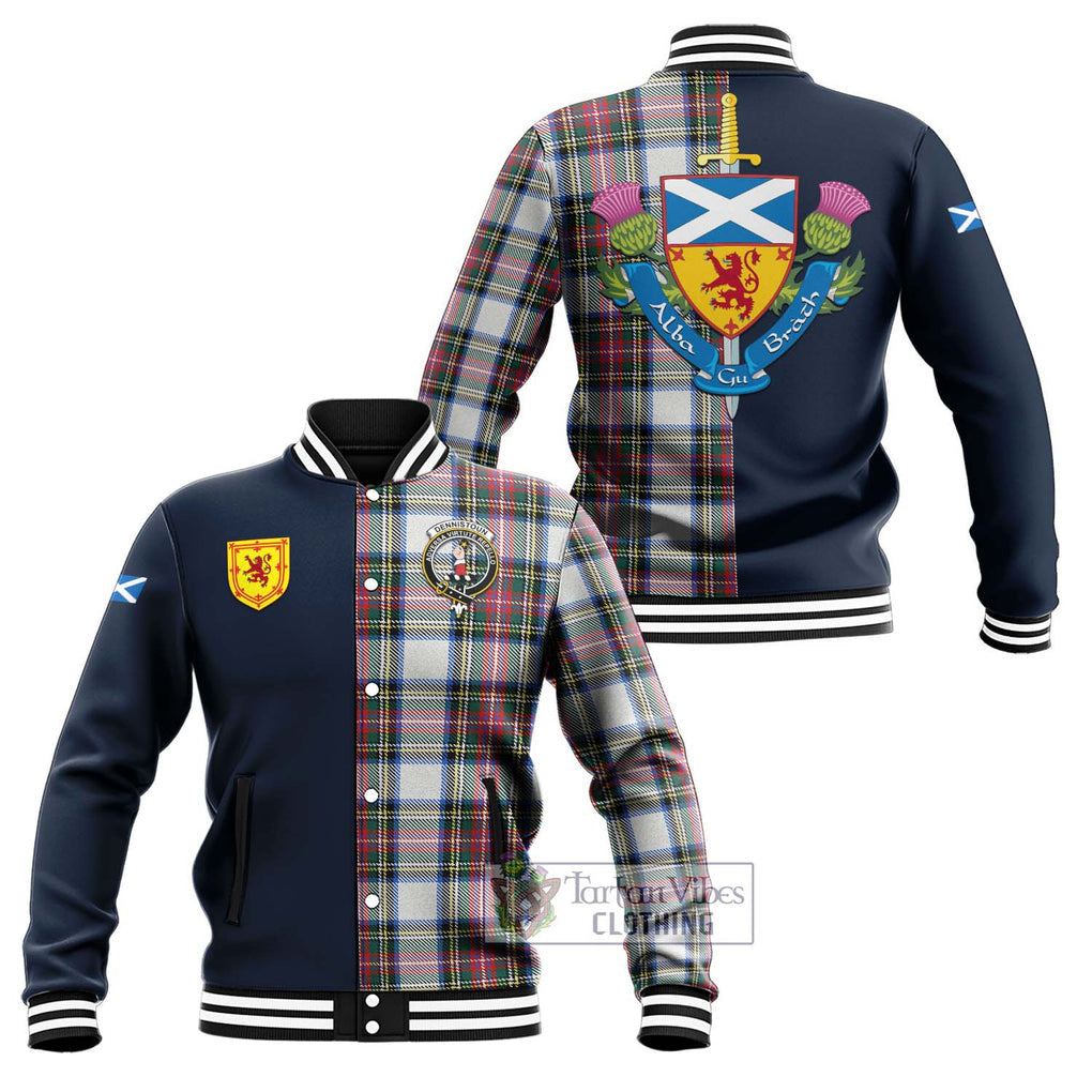 Dennistoun Tartan Baseball Jacket Alba with Scottish Lion Royal Arm Half Style Unisex - Tartan Vibes Clothing