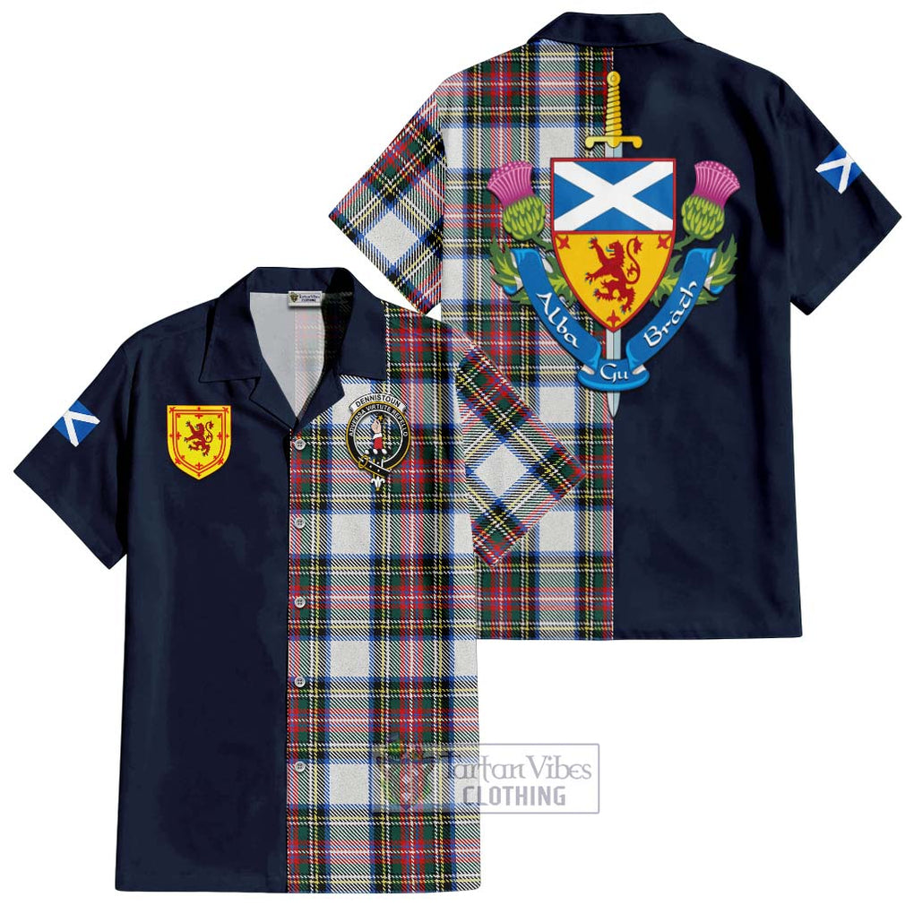 Dennistoun Tartan Hawaiian Shirt Alba with Scottish Lion Royal Arm Half Style Kid - Tartan Vibes Clothing