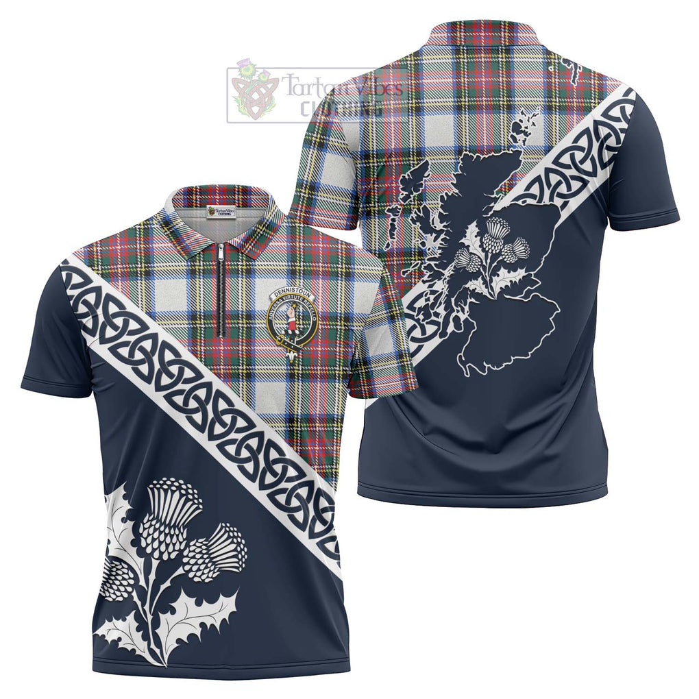 Dennistoun Tartan Zipper Polo Shirt Featuring Thistle and Scotland Map Unisex - Tartanvibesclothing Store