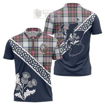 Dennistoun Tartan Zipper Polo Shirt Featuring Thistle and Scotland Map Unisex - Tartanvibesclothing Store