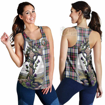 Dennistoun Tartan Women's Racerback Tanks with Family Crest and St. Andrew's Cross Accented by Thistle Vines