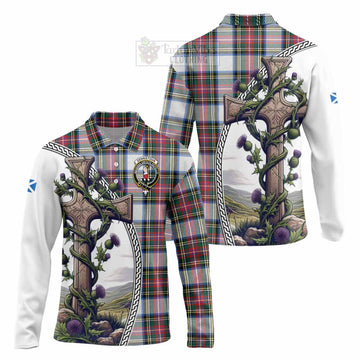 Dennistoun Tartan Long Sleeve Polo Shirt with Family Crest and St. Andrew's Cross Accented by Thistle Vines