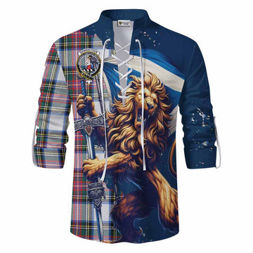 Dennistoun Tartan Family Crest Ghillie Kilt Shirt with Scottish Majestic Lion Men - Tartan Vibes Clothing