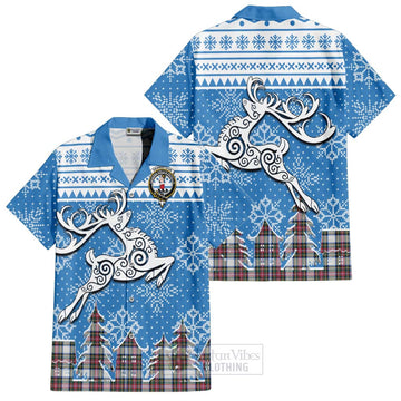 Tartan Vibes Clothing Dennistoun Clan Christmas Short Sleeve Button Shirt Celtic Reindeer Style