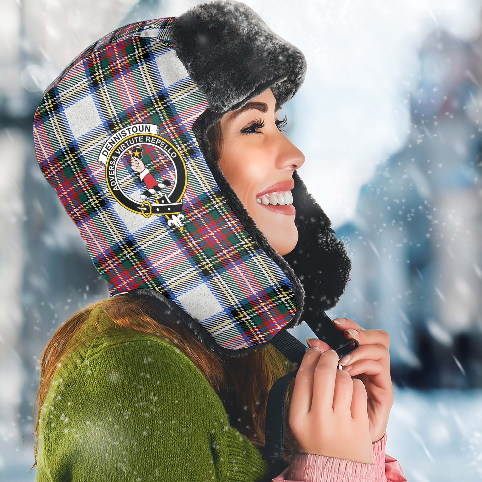 Dennistoun Tartan Winter Trapper Hat with Family Crest Winter Trapper Hat Universal Fit Circumference 22.8in (58cm) - Tartan Vibes Clothing