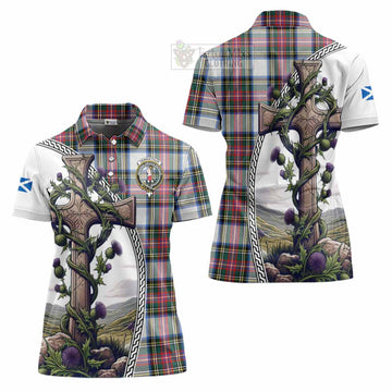 Dennistoun Tartan Women's Polo Shirt with Family Crest and St. Andrew's Cross Accented by Thistle Vines Women - Tartan Vibes Clothing