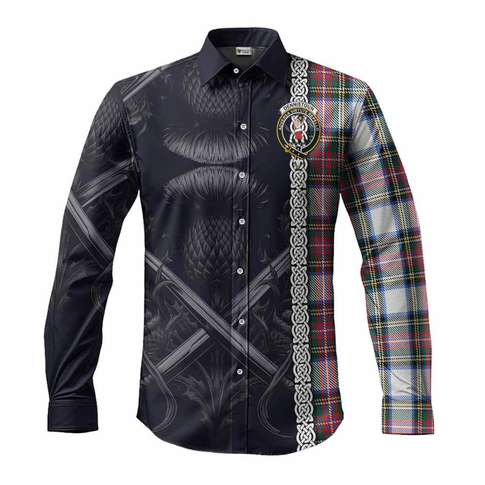 Tartan Vibes Clothing Dennistoun Tartan Long Sleeve Button Shirt with Family Crest Cross Sword Thistle Celtic Vibes